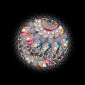 Colorful circular glowing stained glass window isolated on black