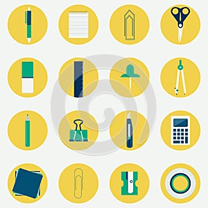 Colorful circular icons of office supplies
