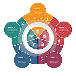 Colorful circular infographics from ring and circles. 5 positions for textual information. Use for business presentations is