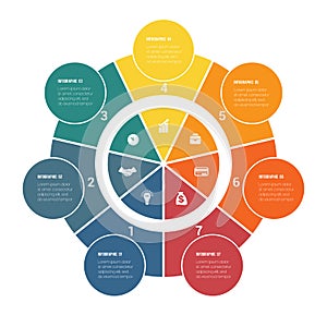 Colorful circular infographics from ring and circles. 7 positions for textual information. Use for business presentations is