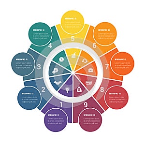 Colorful circular infographics from ring and circles. 9 positions for textual information. Use for business presentations is