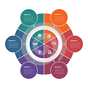 Colorful circular infographics from ring and circles. 6 positions for textual information. Use for business presentations is photo