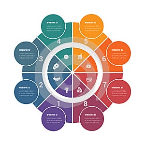 Colorful circular infographics from ring and circles. 8 positions for textual information. Use for business presentations is photo