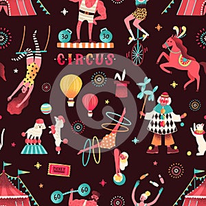 Colorful circus performers demonstrate tricks seamless pattern. Funny clown, strongman, acrobats, trained animals