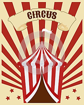 Colorful circus poster, big top on a striped rainbow background with stars. Colorful illustration, banner, flyer