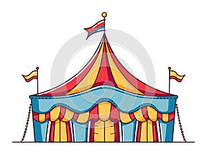 Colorful circus tent with flags and decorative elements. Vibrant carnival marquee for events, entertainment. Fairground