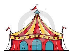 Colorful circus tent with flags and stars. Cartoon big top circus marquee. Entertainment event, carnival and funfair