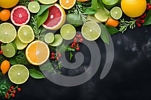 Colorful citrus fruis, food background, top view. Mix of different whole and sliced fruits: orange, grapefruit, lemon, lime and photo