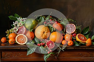 Colorful citrus fruit assortment on wooden surface