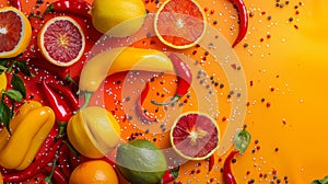 Colorful citrus fruits and peppers on an orange background photo
