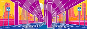Colorful city architecture and infrastructure illustration, automotive overpass, big bridges, urban scene. Night town. Large highw