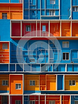 Colorful City Building. A modern building with a bright facade of blue, orange, and red panels and lots of windows