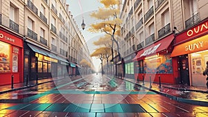 A colorful city street on a summer day. AI generated cinematic video