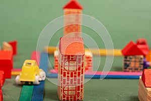 Colorful city toys cars aeroplanes houses