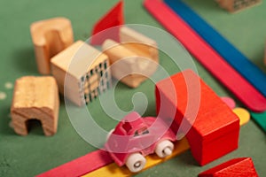 Colorful city toys cars aeroplanes houses