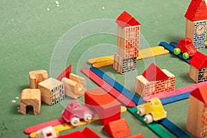 Colorful city toys cars aeroplanes houses