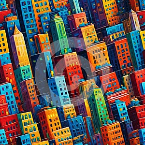 Colorful cityscape with distinctive building skyline