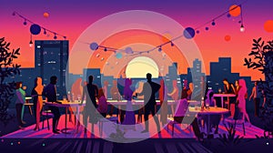 Colorful cityscape illustration with a modern restaurant building, flat design, and a couple enjoying a sunset dinner
