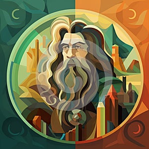Colorful Cityscape Wizard: An Abstract Portrait With Iconographic Symbolism