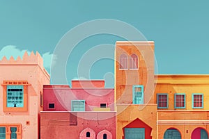 A colorful cityscape with yellow, blue, and pink buildings with Generative AI