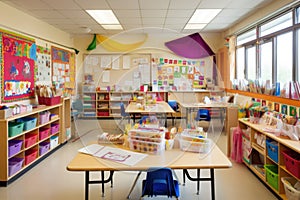 colorful classroom with arts and crafts supplies, books, and notebooks for young students