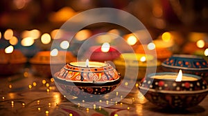 Colorful clay Diya (Lantern) lamps lit during Diwali celebration