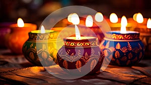 Colorful clay Diya (Lantern) lamps lit during Diwali celebration