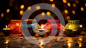 Colorful clay Diya (Lantern) lamps lit during Diwali celebration