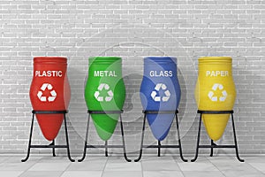 Colorful Clay Trash Bin Pots with Recycle Sign and Sorting Waste. 3d Rendering