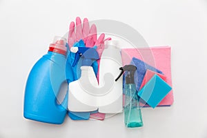 Colorful cleaning products.