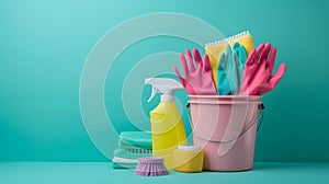 Colorful cleaning supplies in a pink bucket on a teal background. bright, fresh and ready for spring cleaning. clean