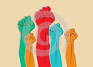 Colorful clenched fists hands raised in the air. Protest, strength, freedom, revolution, rebel, revolt concept design vector icons