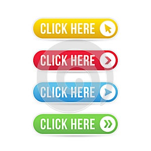 Colorful click here image web buttons set vector illustration and design