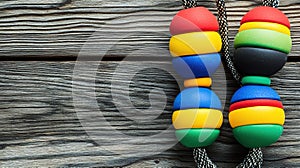 Colorful climbing holds on wood background