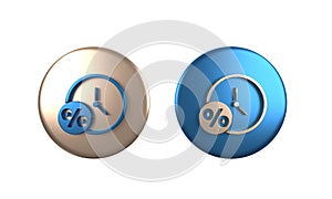 Colorful Clock and percent icon isolated on white background. Circle button. 3D render illustration