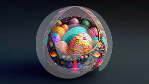 Colorful Cloisonné Easter Eggs Basket Or Nest On Black Background And Copy Space. Happy Easter Concept