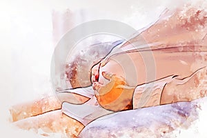 Colorful close-up Asian female belly on sofa in house on watercolor illustration painting background.