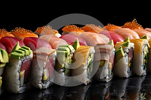 Colorful close-up of sushi rolls with vibrant slices of fish, vegetables, and rice creating a symphony of flavors and textures