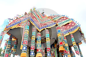 The colorful cloth arnamentol of the great temple car of Thiruvarur.