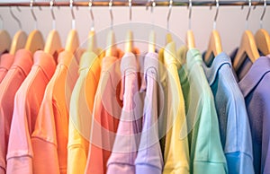 Colorful clothes on a clothing rack, home wardrobe concept image