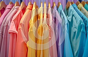 Colorful clothes on a clothing rack, pastel colorful closet in a shopping store