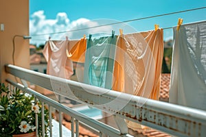 Colorful clothes hanging on a clothesline with a beautiful sky in the background