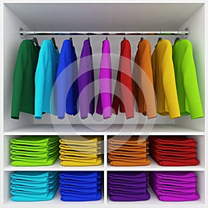 Colorful clothes hanging and stack of clothing in wardrobe