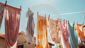 Colorful clothes hanging to dry on a laundry line and sun shining in the blue sky. Generative AI