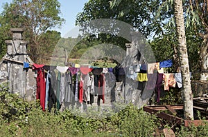 Colorful clothes hanging on a washing line in Cambodia