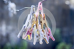 Colorful clothespin or clothes peg or clothes clip on a clothesline with a blurred background. photo