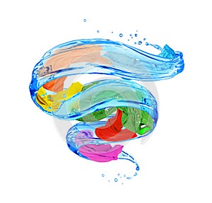 Colorful clothes rotates in a swirl of water splashes photo