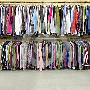 Colorful clothes in a second hand store