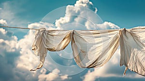 Colorful clothes swaying on a clothesline against a backdrop of fluffy clouds in the sky