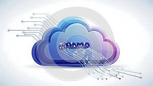 A colorful cloud computing illustration with data transfer and circuit board elements